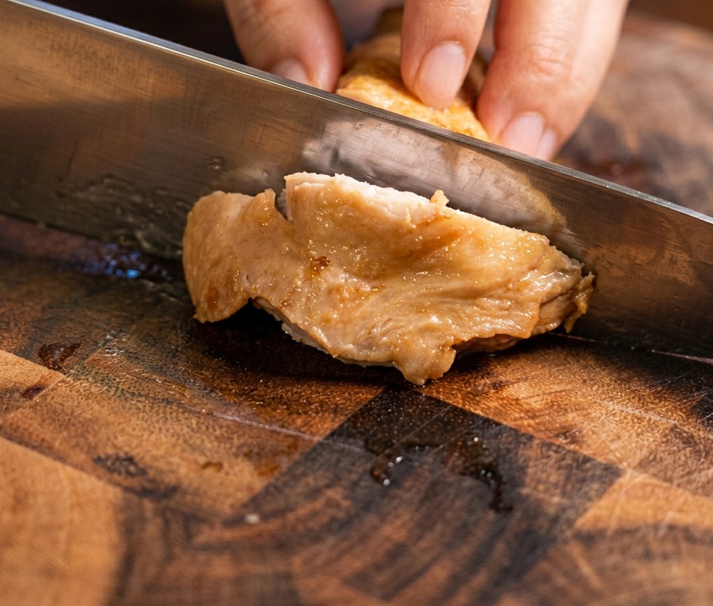 A person using a kitchen knife to slice a cooked chicken thigh into thin strips on a dark wooden cutting board.