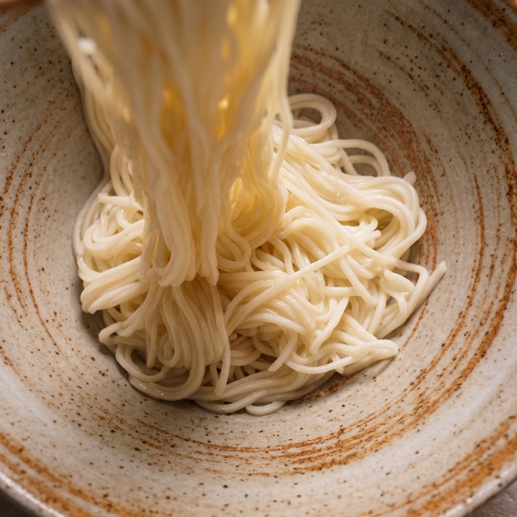 A bundle of cooked white wheat noodles being lowered into a rustic ceramic bowl with long wooden chopsticks.