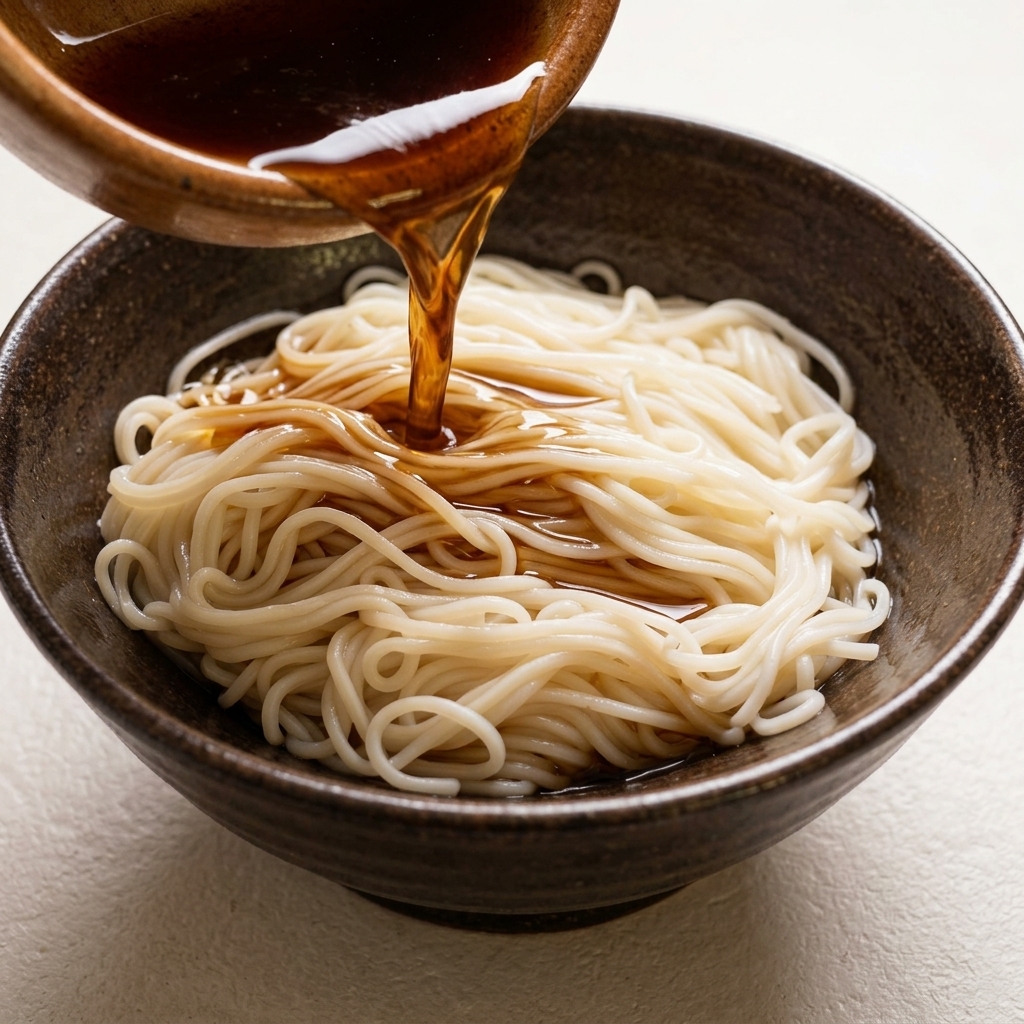 Rich, dark chicken soup being poured from a ceramic vessel over a bed of white noodles in a dark serving bowl.