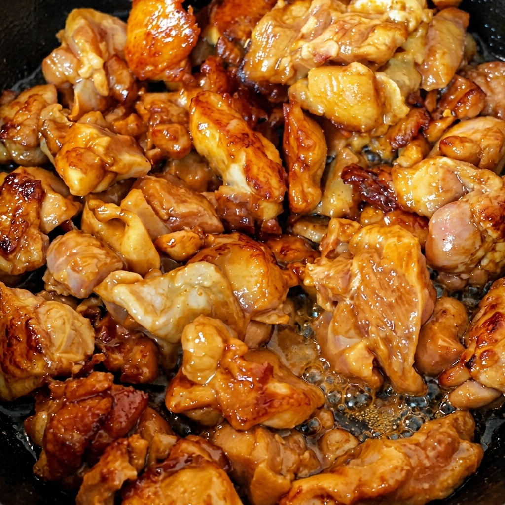 Close-up of glazed, browned chicken thigh pieces sizzling in a hot wok with visible steam and oil bubbles.