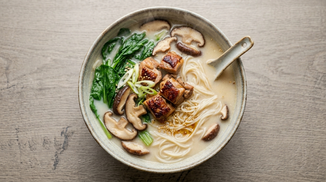 A steaming bowl of Henan chicken noodle soup with seared chicken, shiitake mushrooms, and fresh greens in a rich broth