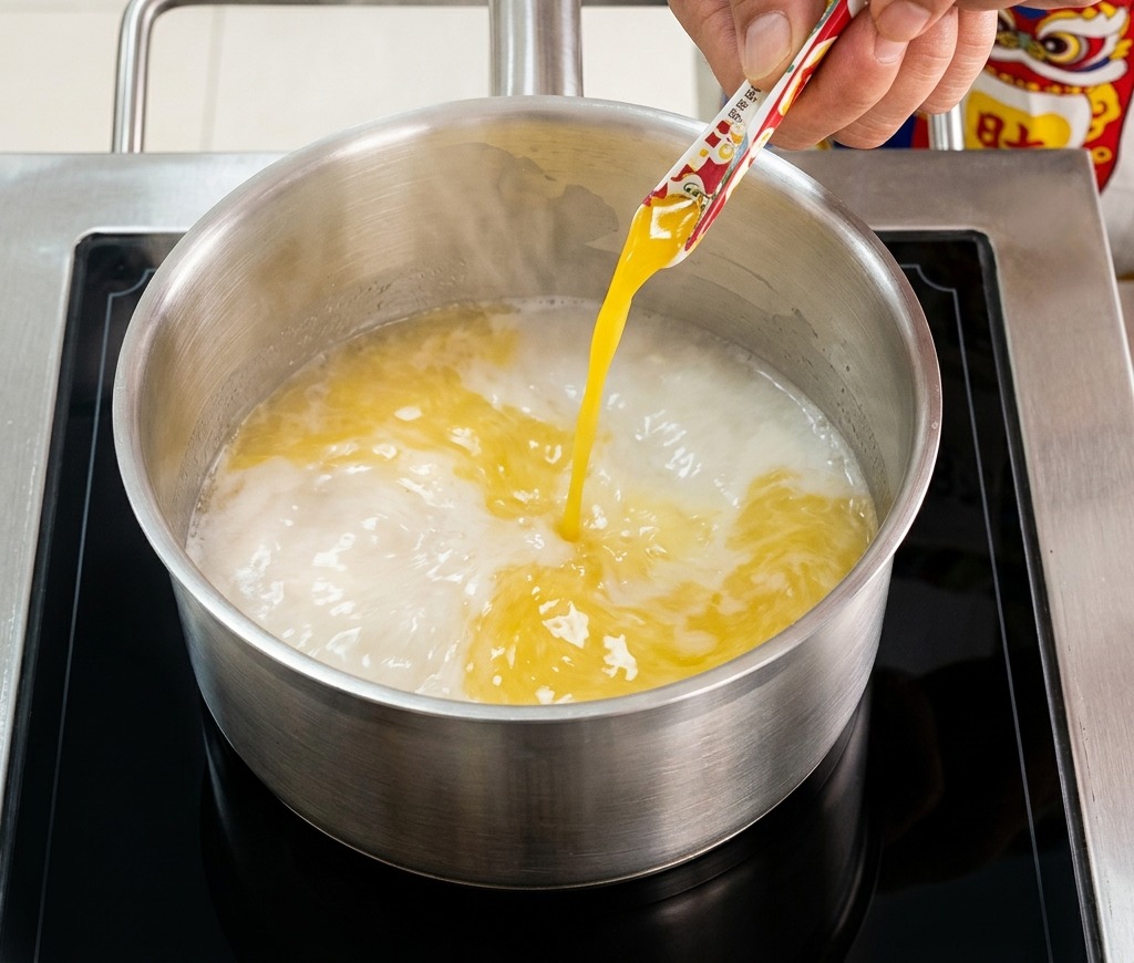A person squeezing a packet of golden chicken soup seasoning into a stainless steel pot of boiling water on an induction stove.