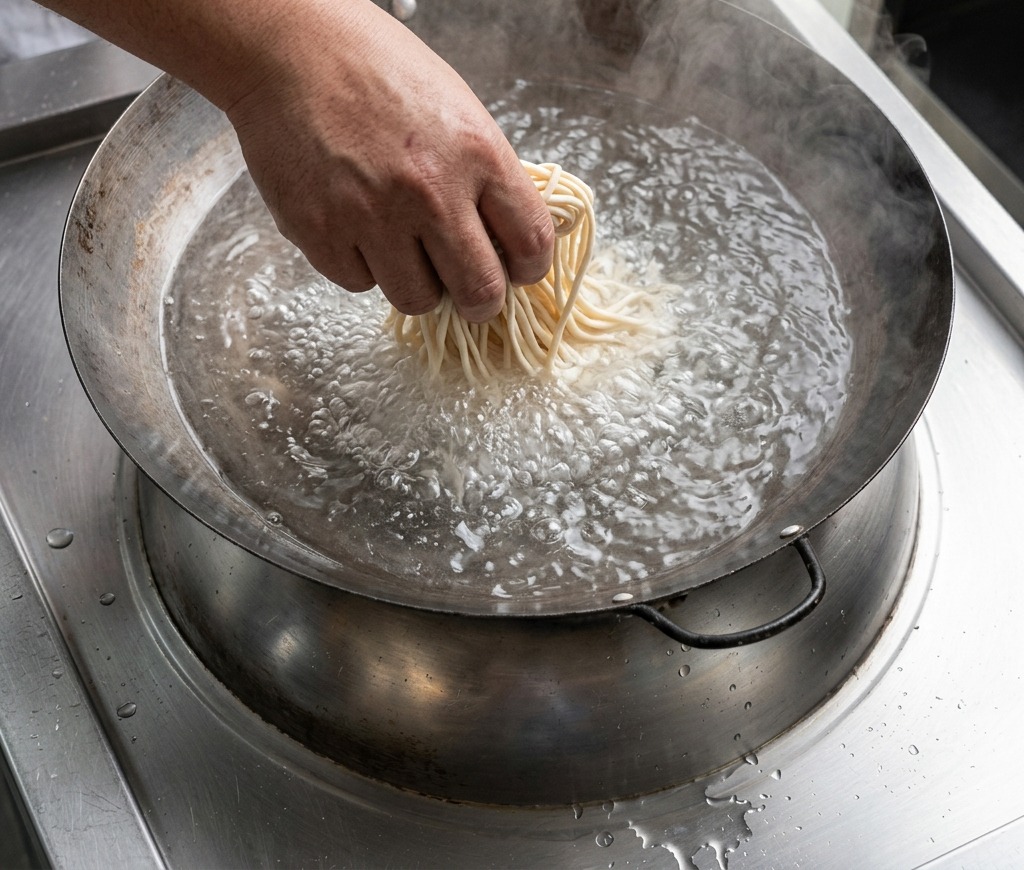 A hand placing a bundle of dry, thin wheat noodles into a large wok of bubbling water.