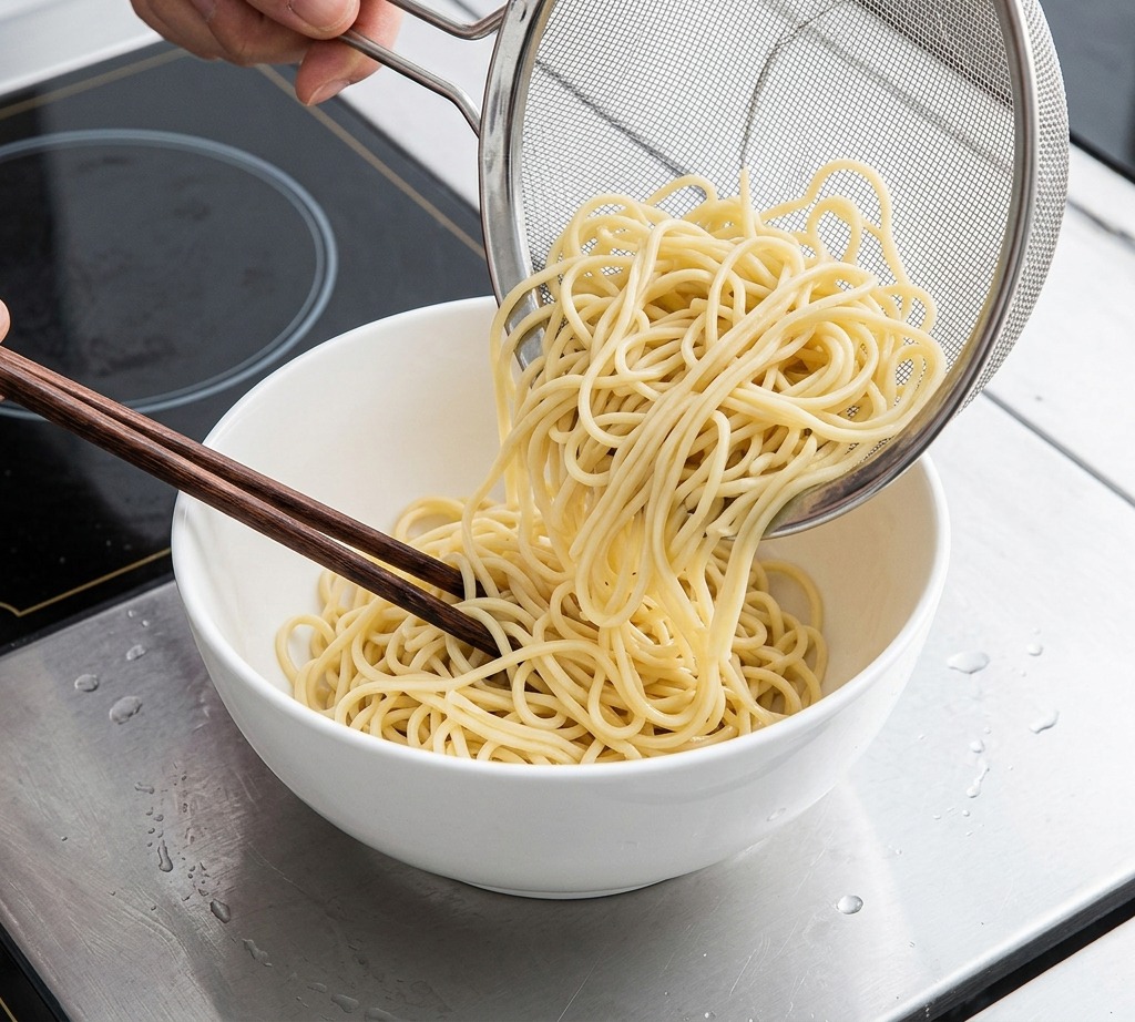 Noodles being arranged into a neat pile inside a white ceramic bowl with wooden chopsticks.