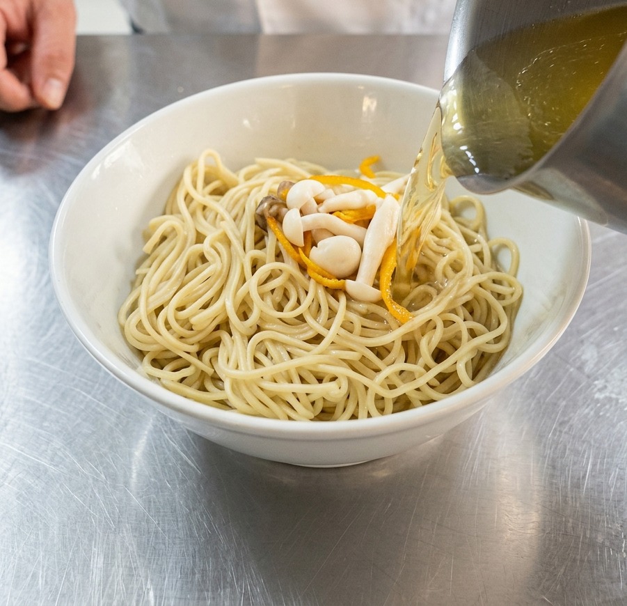 Golden chicken broth, mushrooms, and cordyceps flowers being poured from a stainless steel pot into a bowl of noodles.
