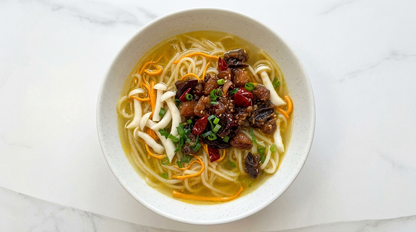 Spicy Chicken Soup Noodles with Cordyceps and Mushrooms