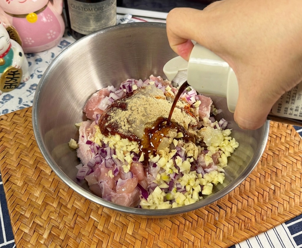 A hand pouring light soy sauce from a white bottle into a stainless steel bowl containing raw chicken pieces, chopped red onions, and a dollop of red Korean chili paste.