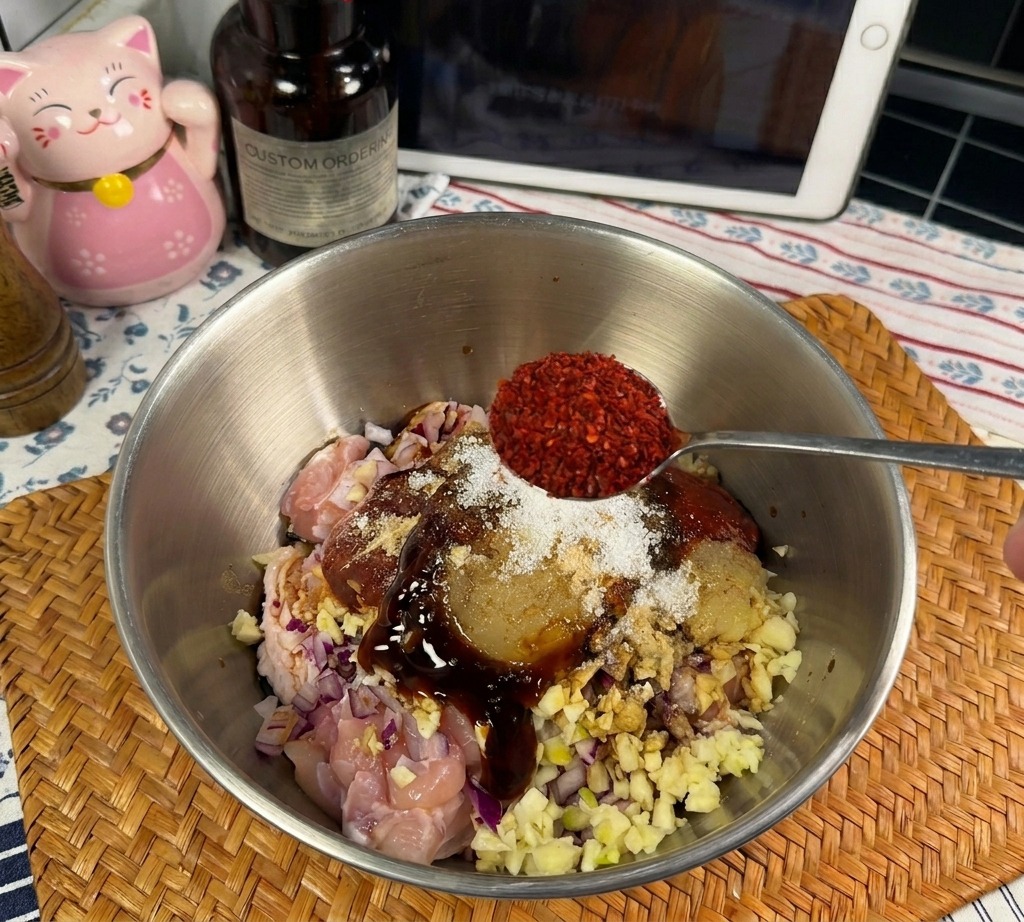 A metal spoon adding bright red chili powder to the bowl of chicken and other seasoning ingredients.