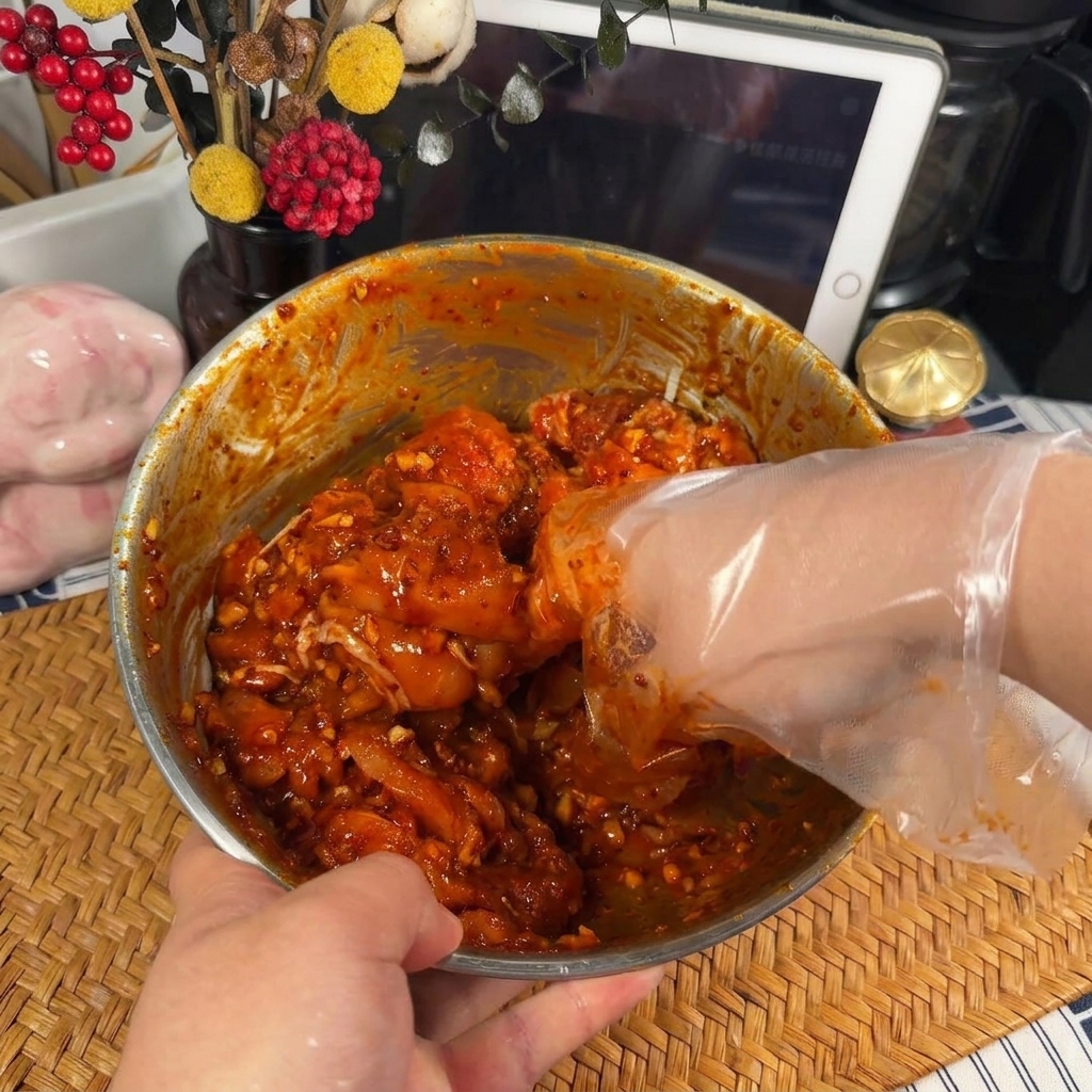 A hand wearing a clear plastic glove mixing chunks of raw chicken with a thick, vibrant red spicy marinade in a metal bowl.