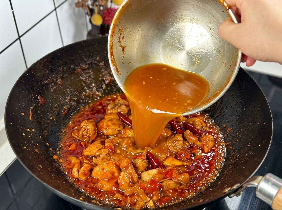 A person pouring a pale orange liquid from a stainless steel bowl into a dark wok containing stir-fried chicken pieces and dried red chilies.
