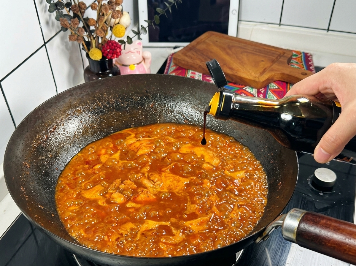A hand pouring dark soy sauce from a glass bottle into a bubbling wok filled with red spicy chicken sauce.