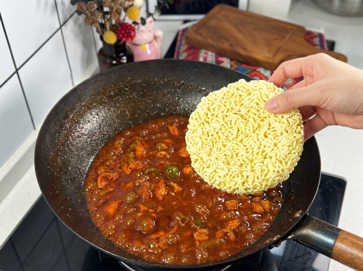 A hand holding a round block of yellow instant ramen noodles over a wok of bubbling red sauce and chicken.
