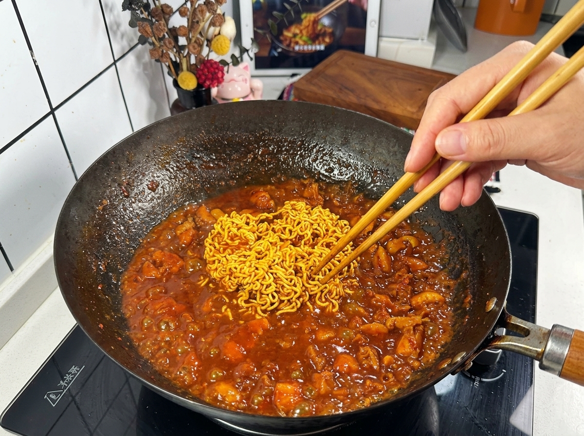 Wooden chopsticks separating a mass of instant noodles simmering in a thick, dark red sauce inside a large black wok.