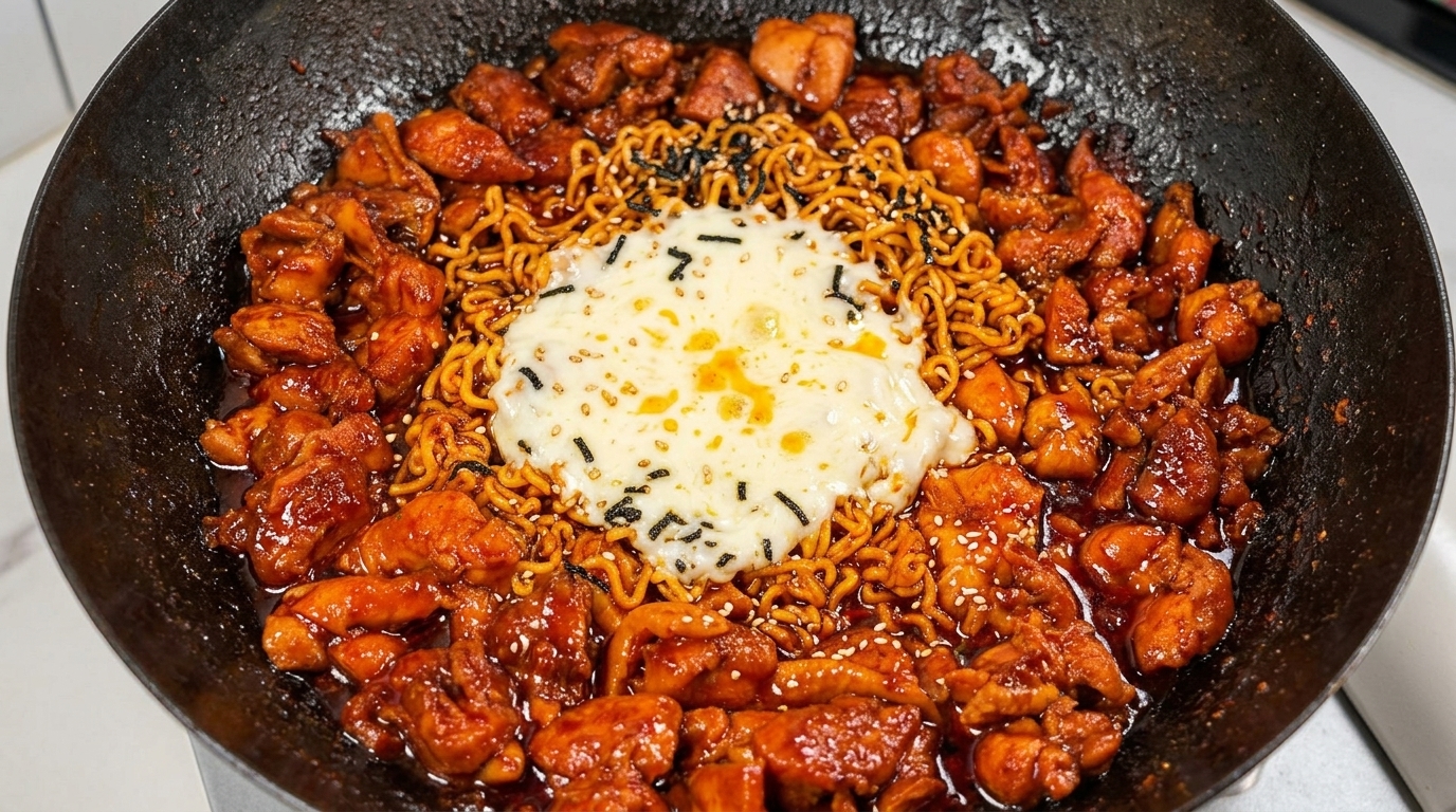 Korean Spicy Chicken Noodles with Melted Mozzarella