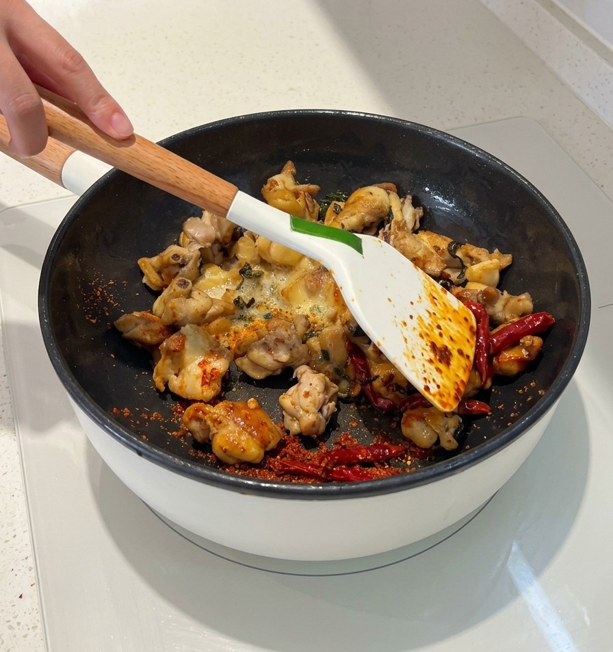 A white spatula stir-frying chicken pieces, dried red chilies, and red chili powder in a pan, with red oil beginning to coat the ingredients.