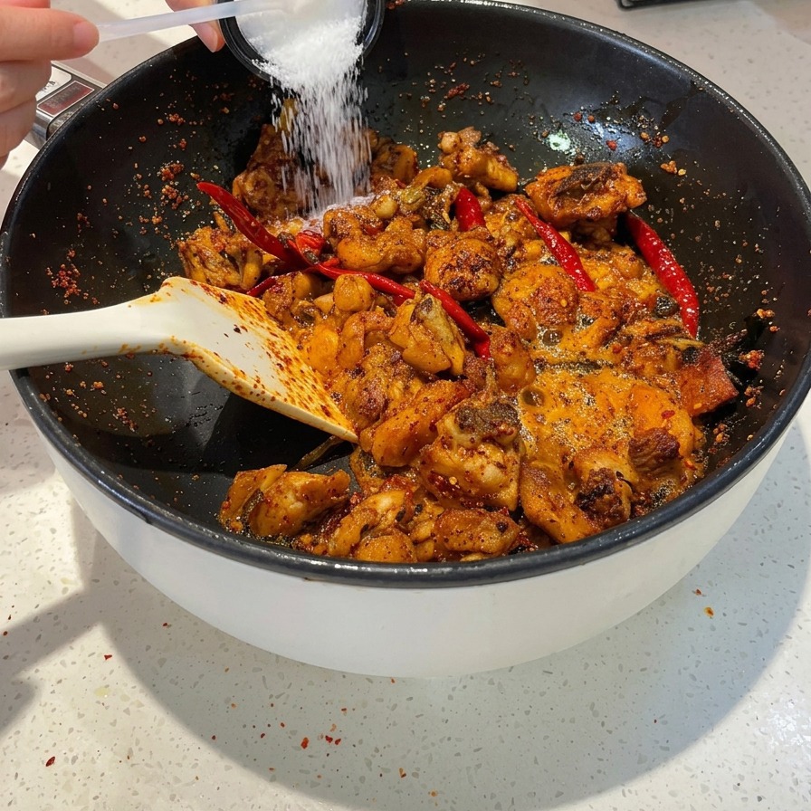 A white spoon sprinkling salt and sugar over a pan of stir-fried spicy chicken and red chilies.