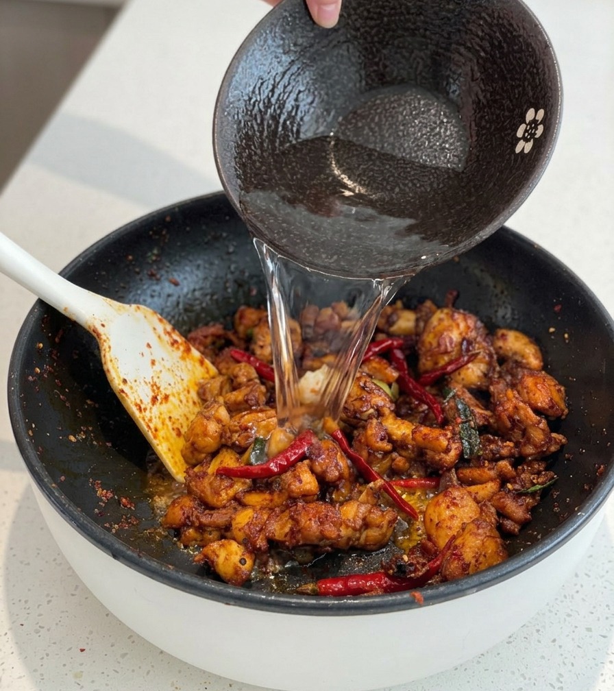 Water being poured from a black bowl into a pan of spicy red chicken pieces.