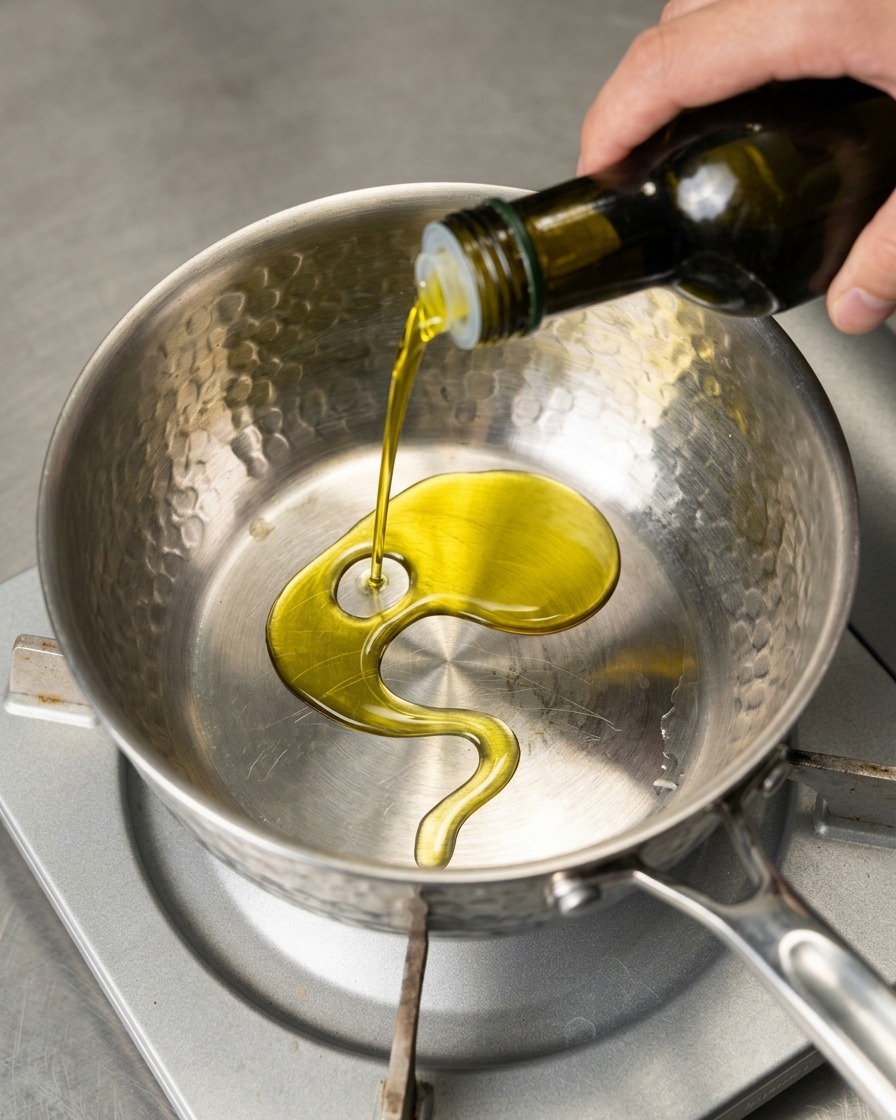 A stream of yellow-green olive oil being poured from a glass bottle into the center of a hammered stainless steel pot.