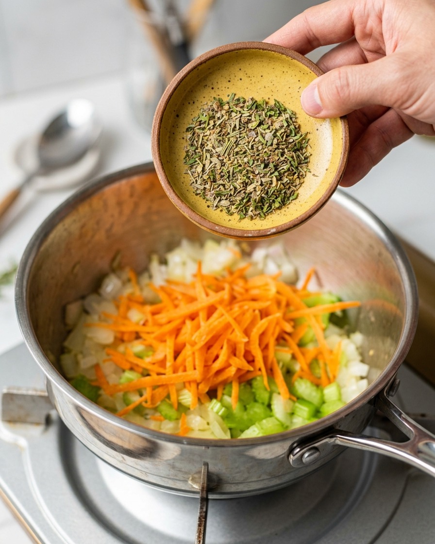 Dried green herbs being tipped from a small yellow ceramic saucer into a pot of colorful sautéed vegetables.