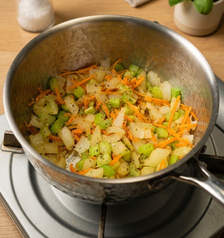 Diced onions, celery, and shredded carrots with dried herbs being sautéed in a stainless steel pot.
