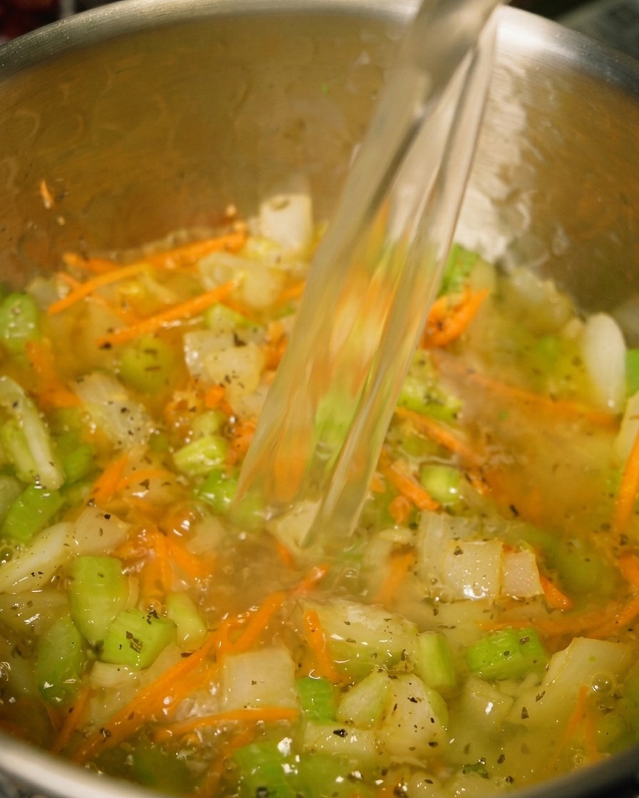 A stream of clear liquid chicken stock being poured into a pot containing sautéed carrots and celery.