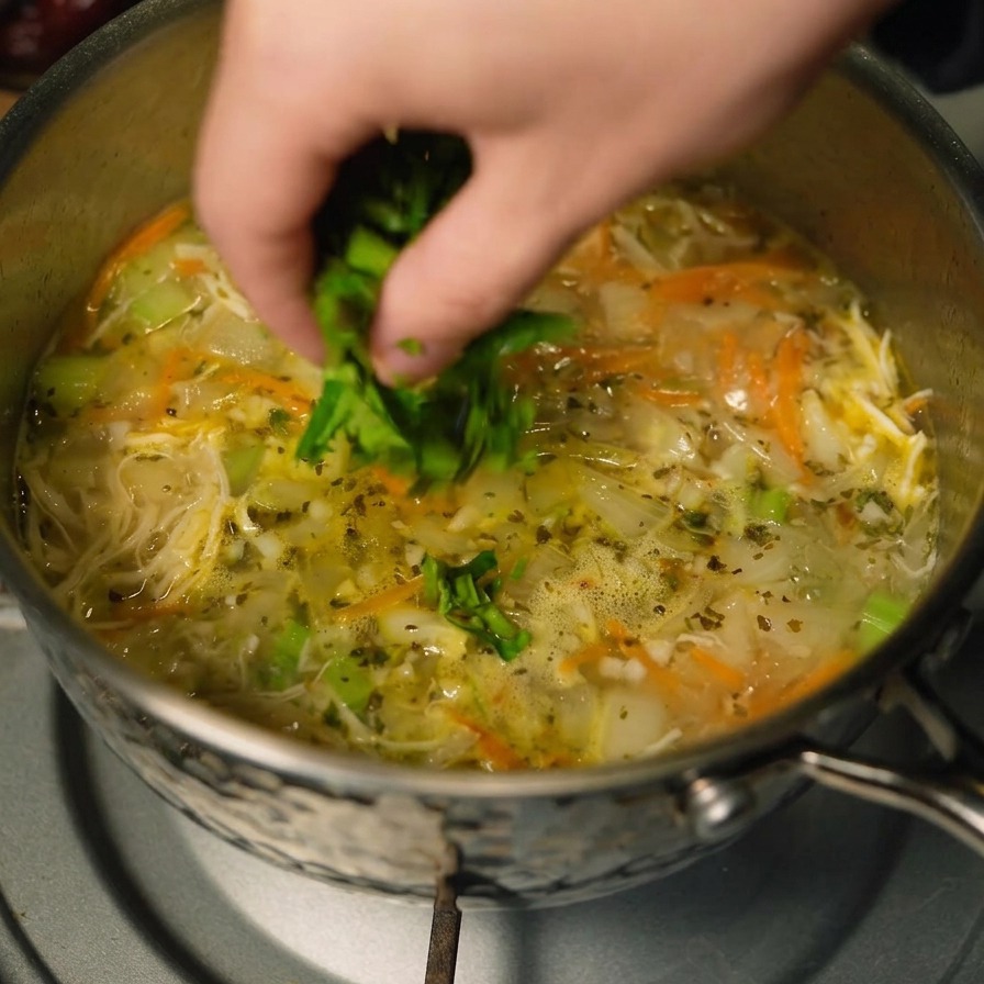 A hand sprinkling chopped green cilantro over a pot of steaming chicken and vegetable soup.