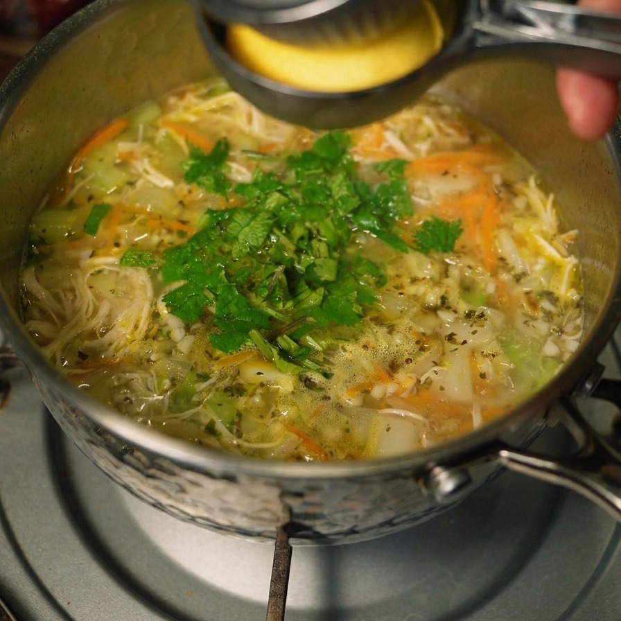 A metal hand press being used to squeeze fresh lemon juice into a pot of chicken soup topped with green herbs.