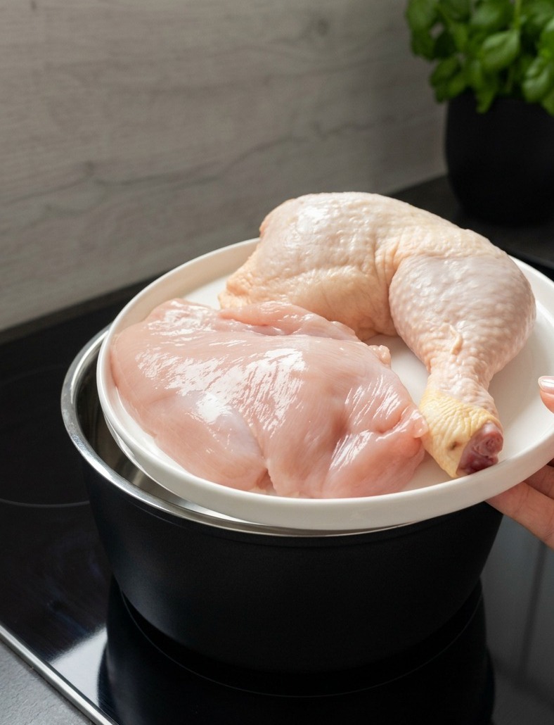 A hand holding a white plate with raw chicken breast and a chicken leg over a pot of water infused with garlic and bay leaves.