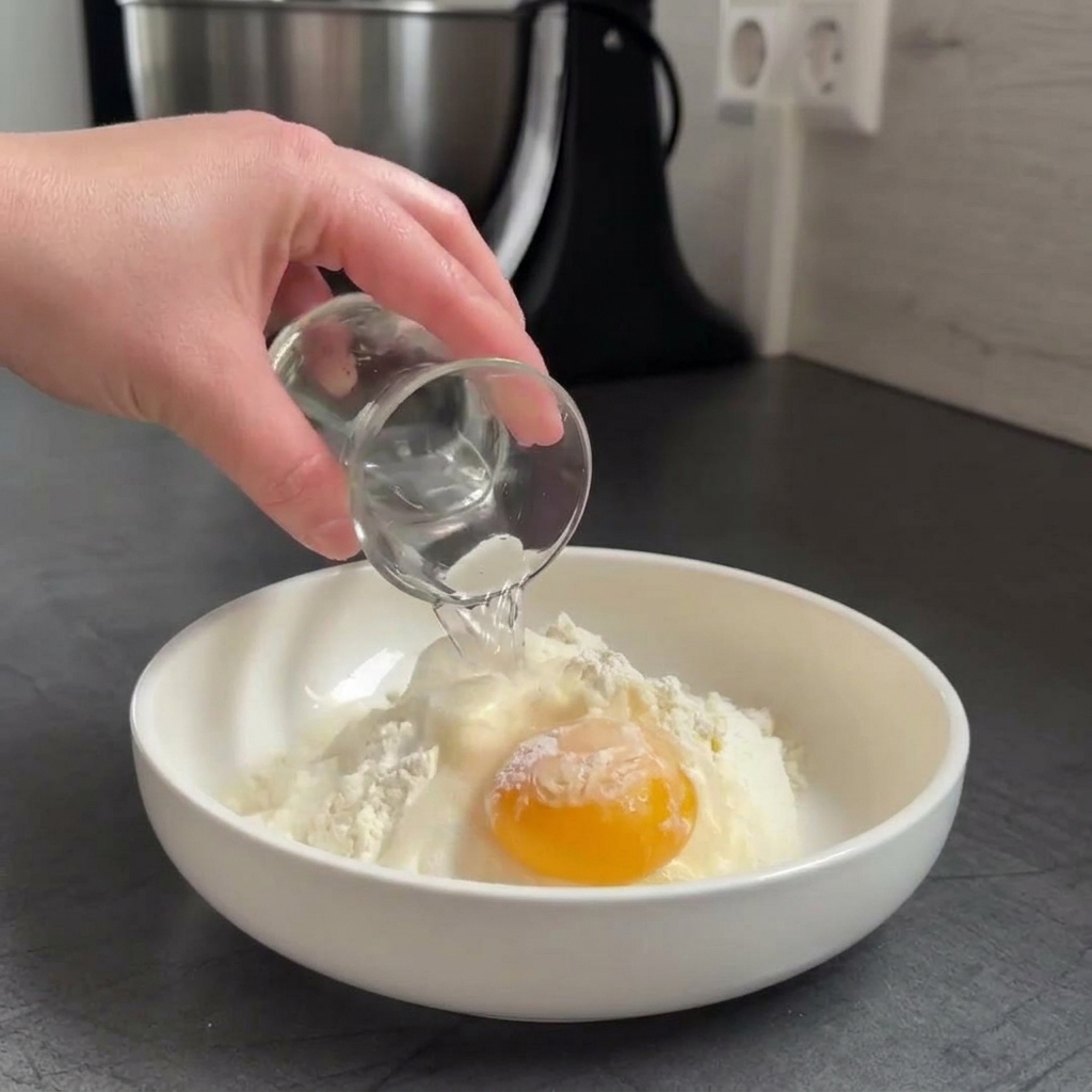 A hand pouring water from a small glass into a white bowl containing a raw egg yolk, flour, and yogurt.