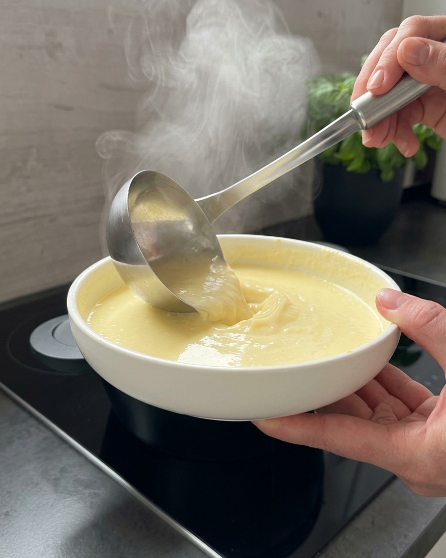 A metal ladle pouring steaming hot broth into a white bowl of pale yellow yogurt batter held by a hand.