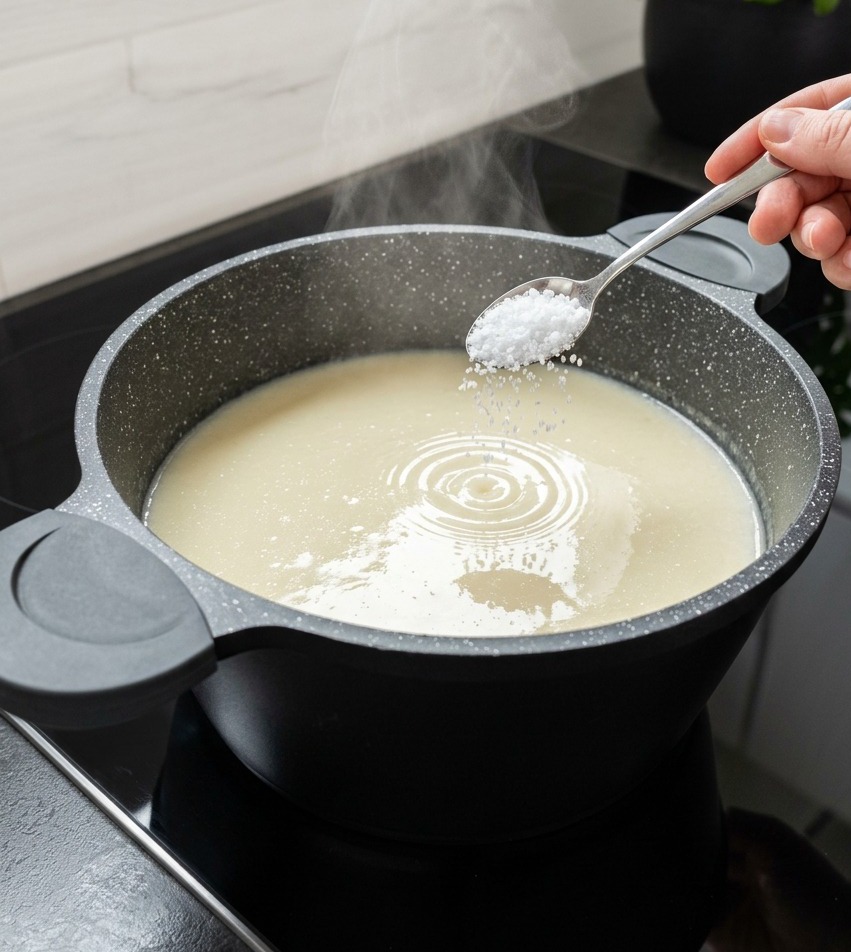 A hand holding a silver spoon filled with white granulated salt over a large pot of creamy, pale yellow chicken soup.