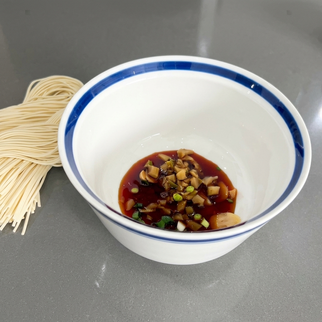 Dark liquid soy sauce being poured over green onions and pickled vegetables in a white bowl.