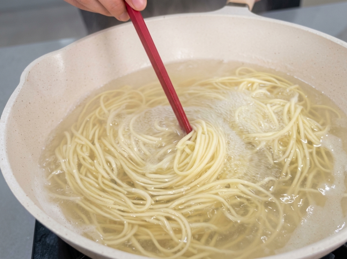 Thin white noodles swirling in a pan of boiling water while being stirred with a red kitchen tool.