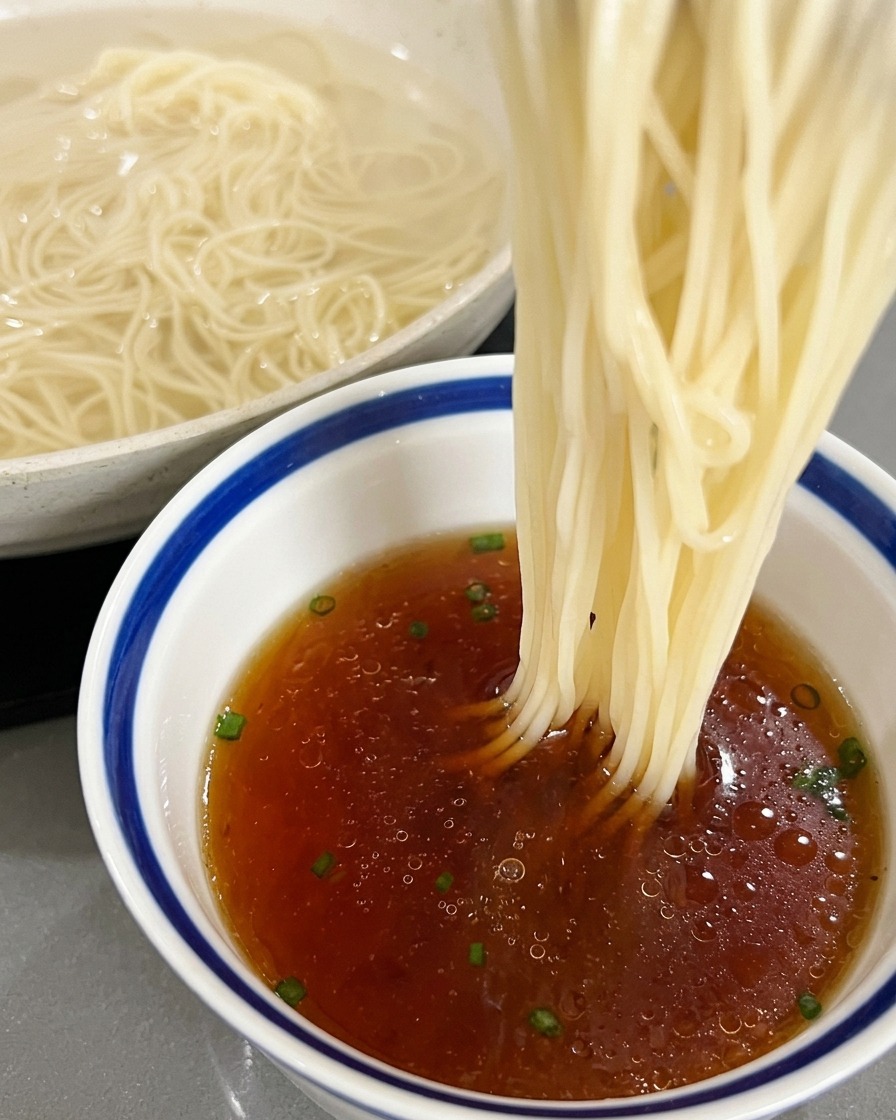 A bundle of long white noodles being lowered into a bowl of dark amber broth with green onions.