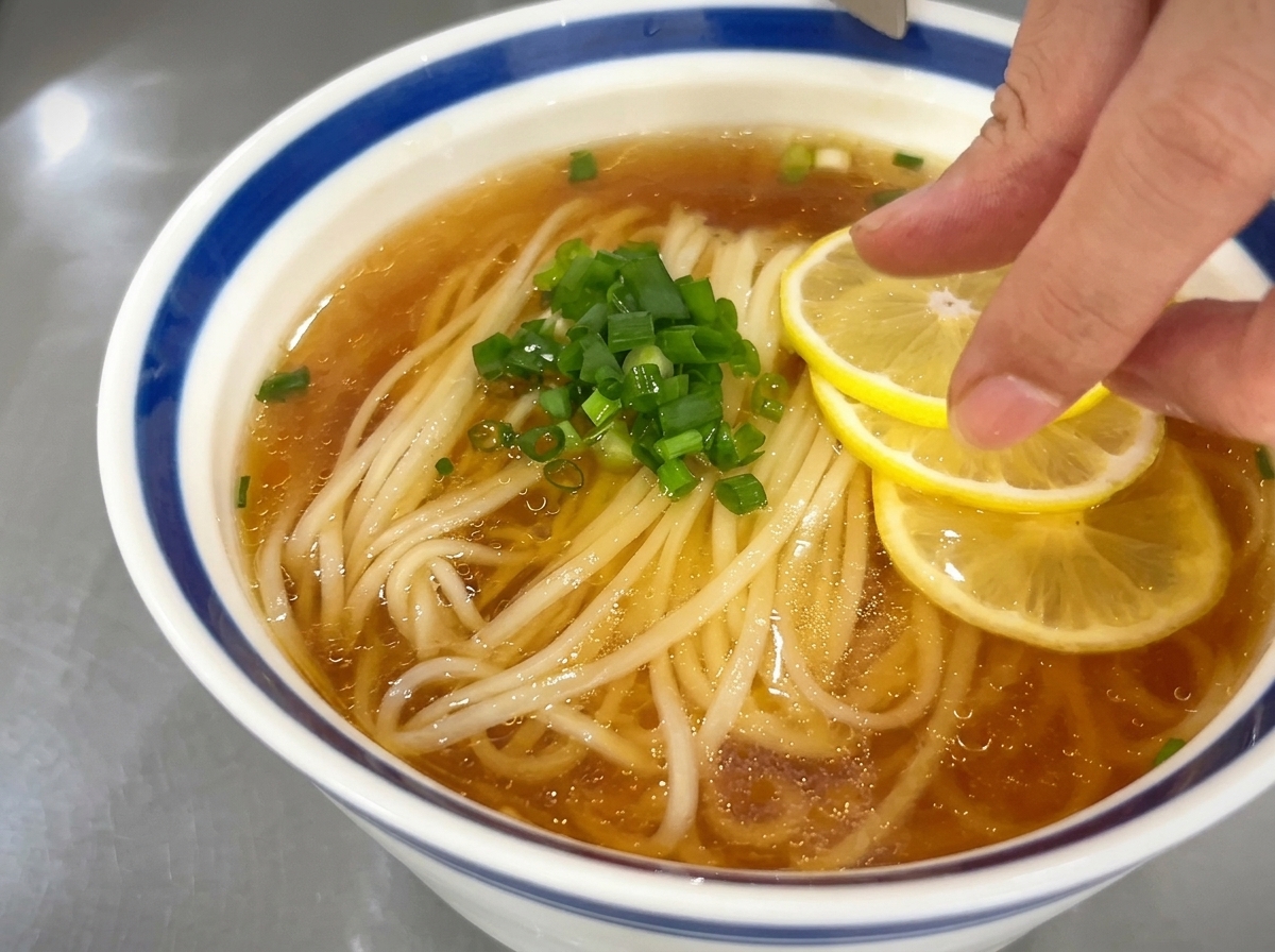 A hand carefully layering three bright yellow lemon slices on the surface of a bowl of noodle soup next to chopped green onions.