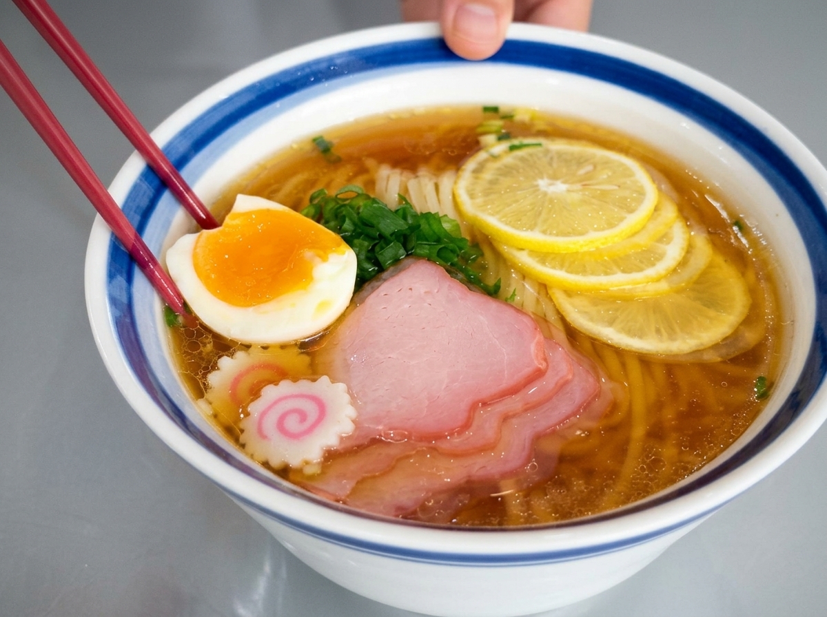 A bowl of lemon noodle soup featuring two halves of a soft-boiled egg with vibrant orange centers, meat slices, and lemon.