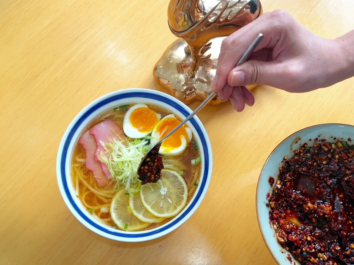 A person using a long metal spoon to place a dollop of dark red chili oil onto a nest of shredded white radish in a noodle bowl.