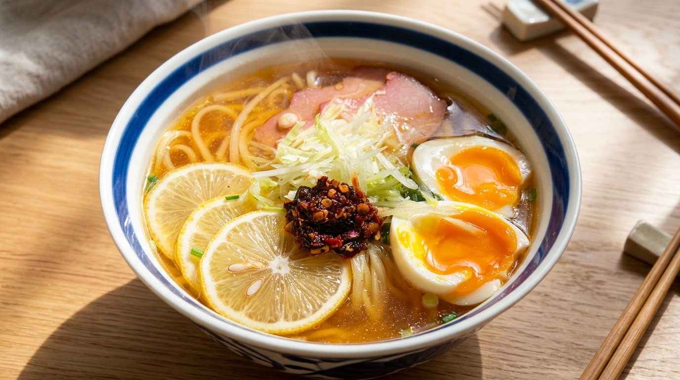 A vibrant bowl of lemon noodle soup with thin wheat noodles, jammy eggs, and fresh citrus slices.