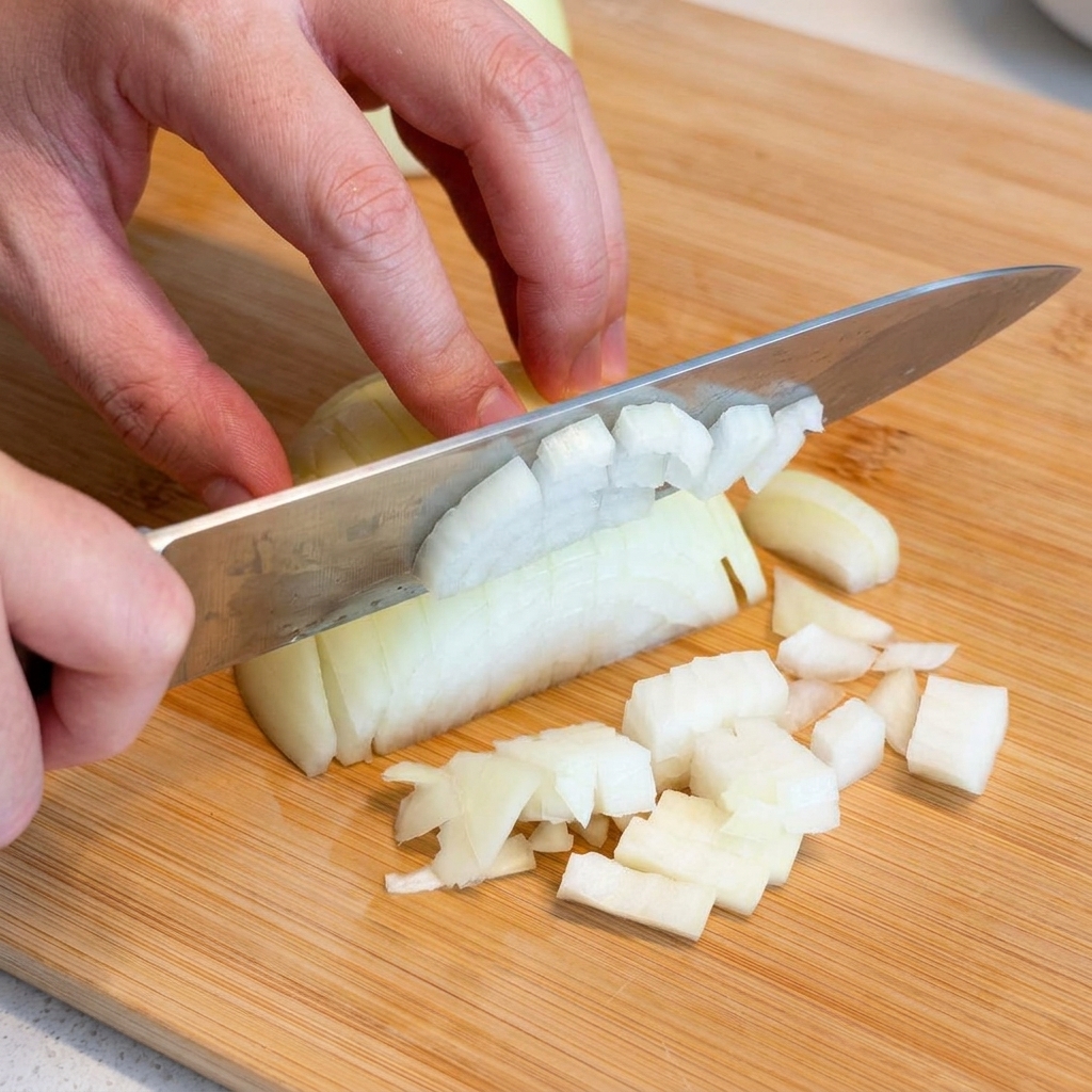 A persons hands using a chefs knife to dice a white onion on a bamboo cutting board.