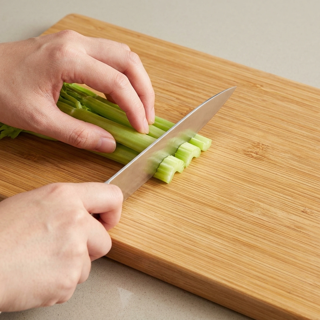 A knife slicing through a bunch of green celery stalks on a wooden board into small crescent shapes.