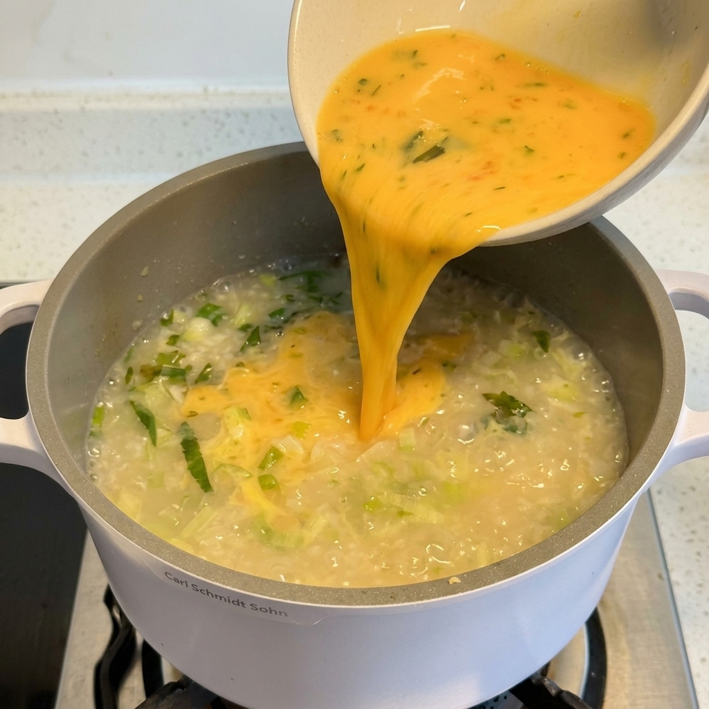 A stream of yellow egg and lemon mixture being poured from a bowl into a pot of soup containing rice and greens.