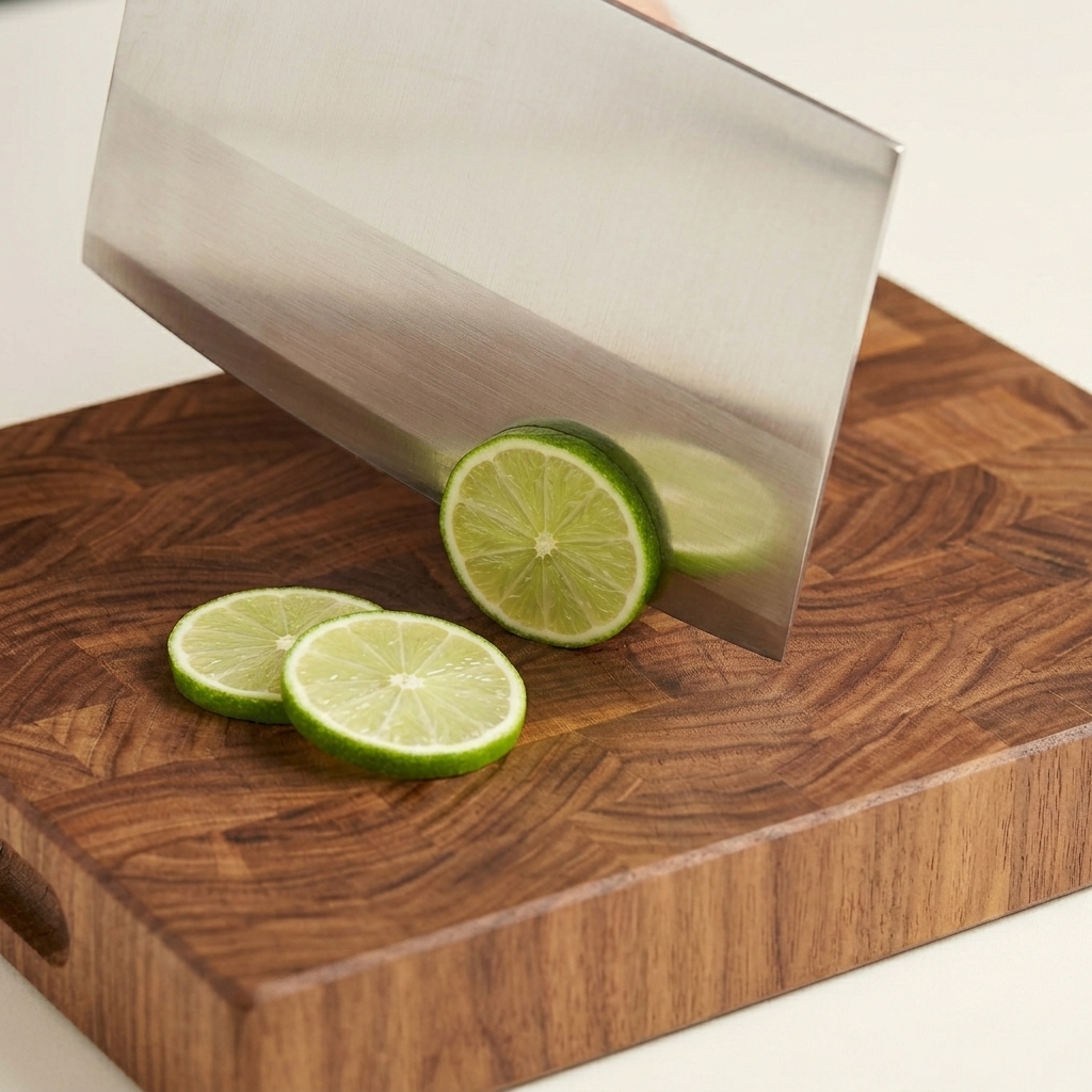 Thin slices of green perfume lemon being cut with a large metal cleaver on a textured wooden cutting board.