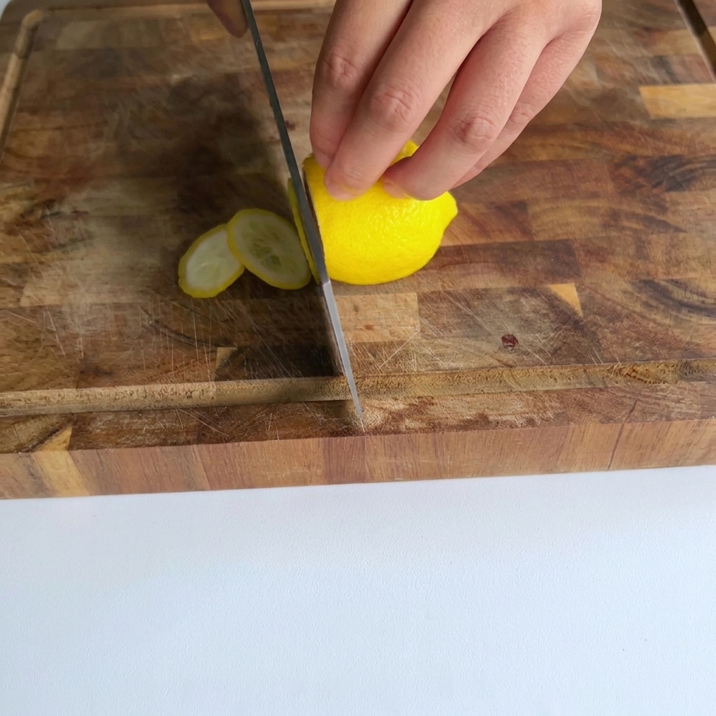 A hand holding a yellow lemon on a wooden board while a knife cuts thin circular slices.