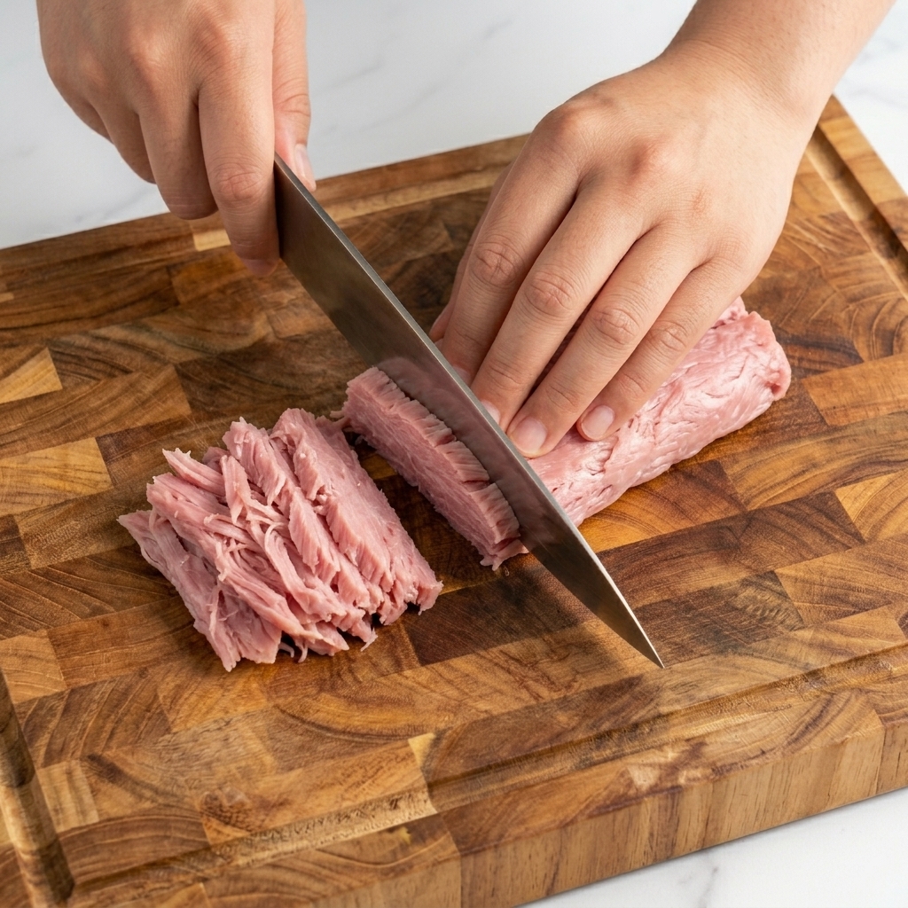 A chefs knife slicing through a pile of pink pickled ginger to create thin matchstick strips on a wooden board.