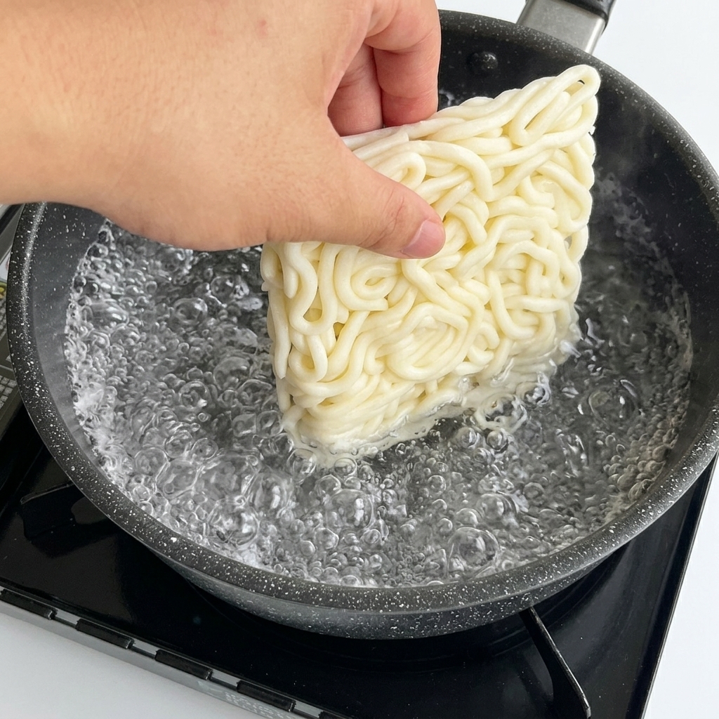 A hand lowering a square block of white udon noodles into a bubbling pot of water.