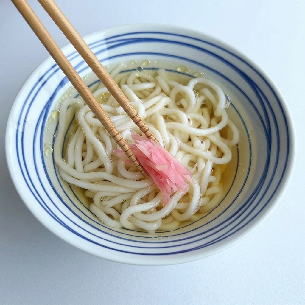 Wooden chopsticks holding a cluster of bright pink ginger strips above a bowl of noodles in broth.