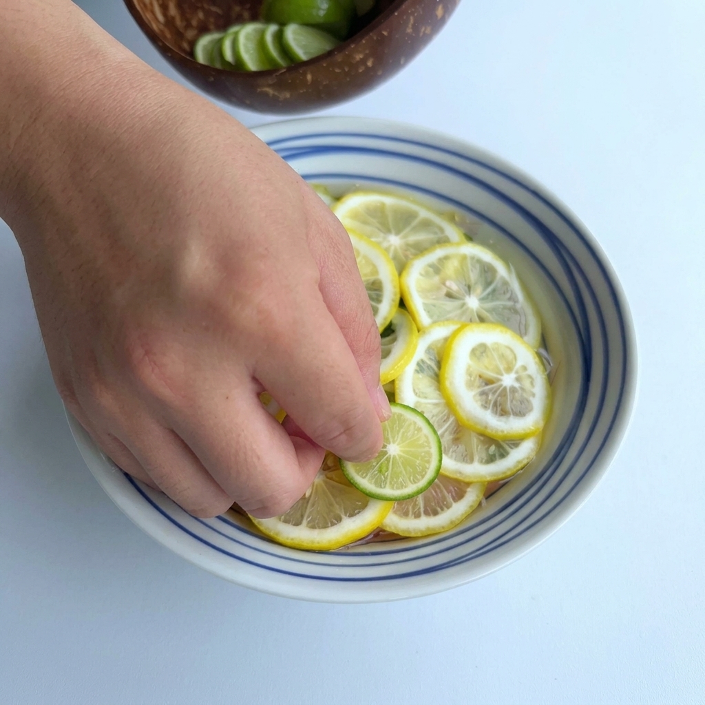 A hand placing a thin green perfume lemon slice onto a bowl already covered in a circular arrangement of yellow lemon rounds.