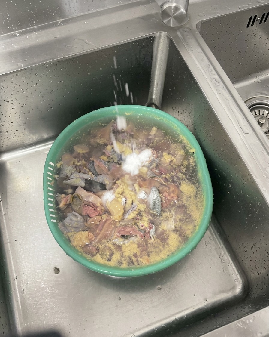 Hands washing chopped silkie chicken pieces in a green bowl under a stream of water from a kitchen faucet, with salt being added.