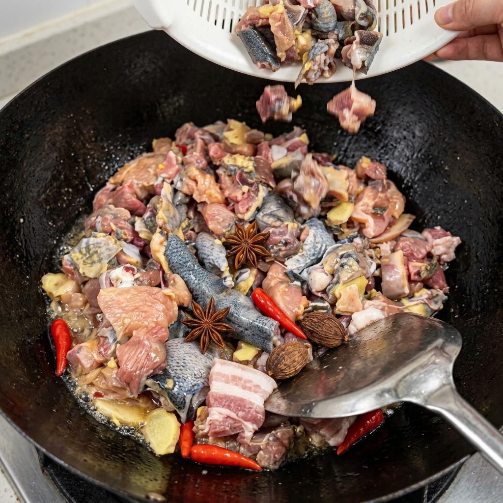Chopped silkie chicken being poured from a white plastic strainer into a large black wok containing oil and whole spices.