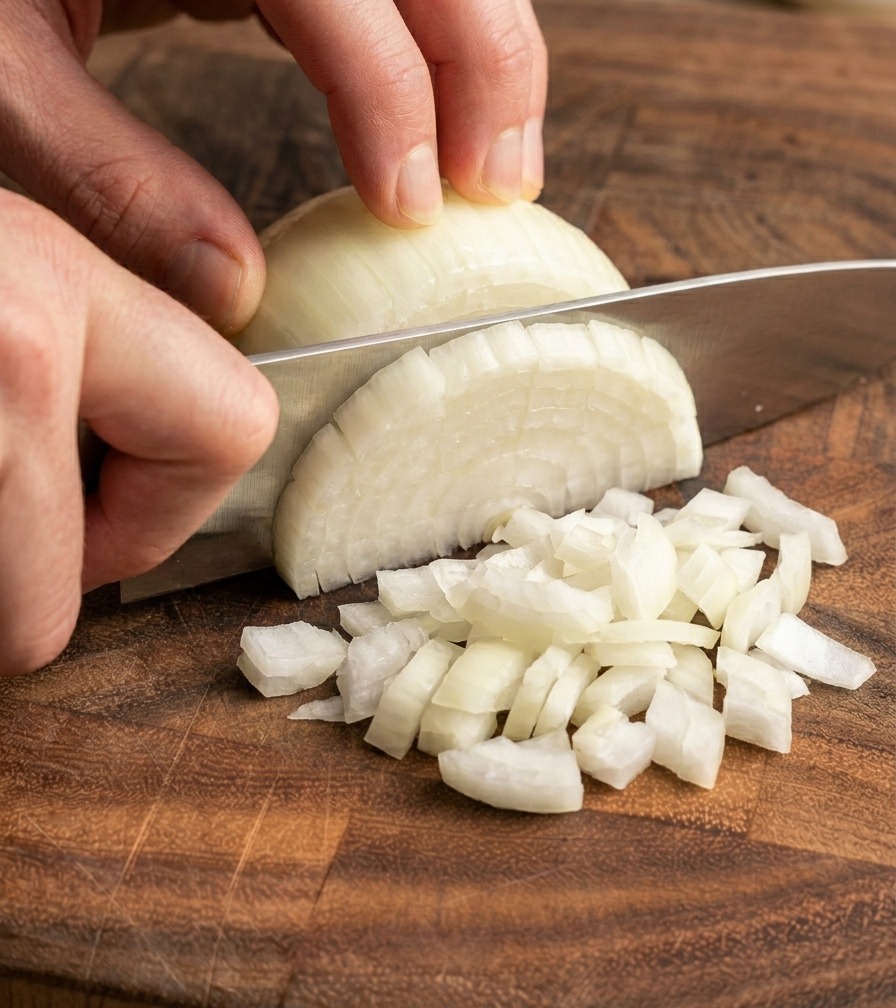 Hands dicing a peeled white onion into small cubes on a wooden cutting board with a sharp knife.